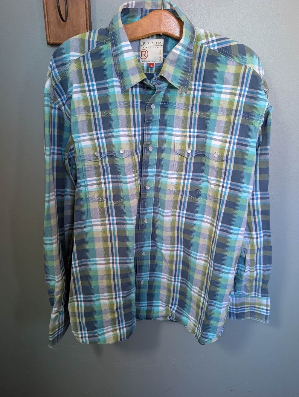 Roper Men's Green Blue Plaid Button-Up Shirt